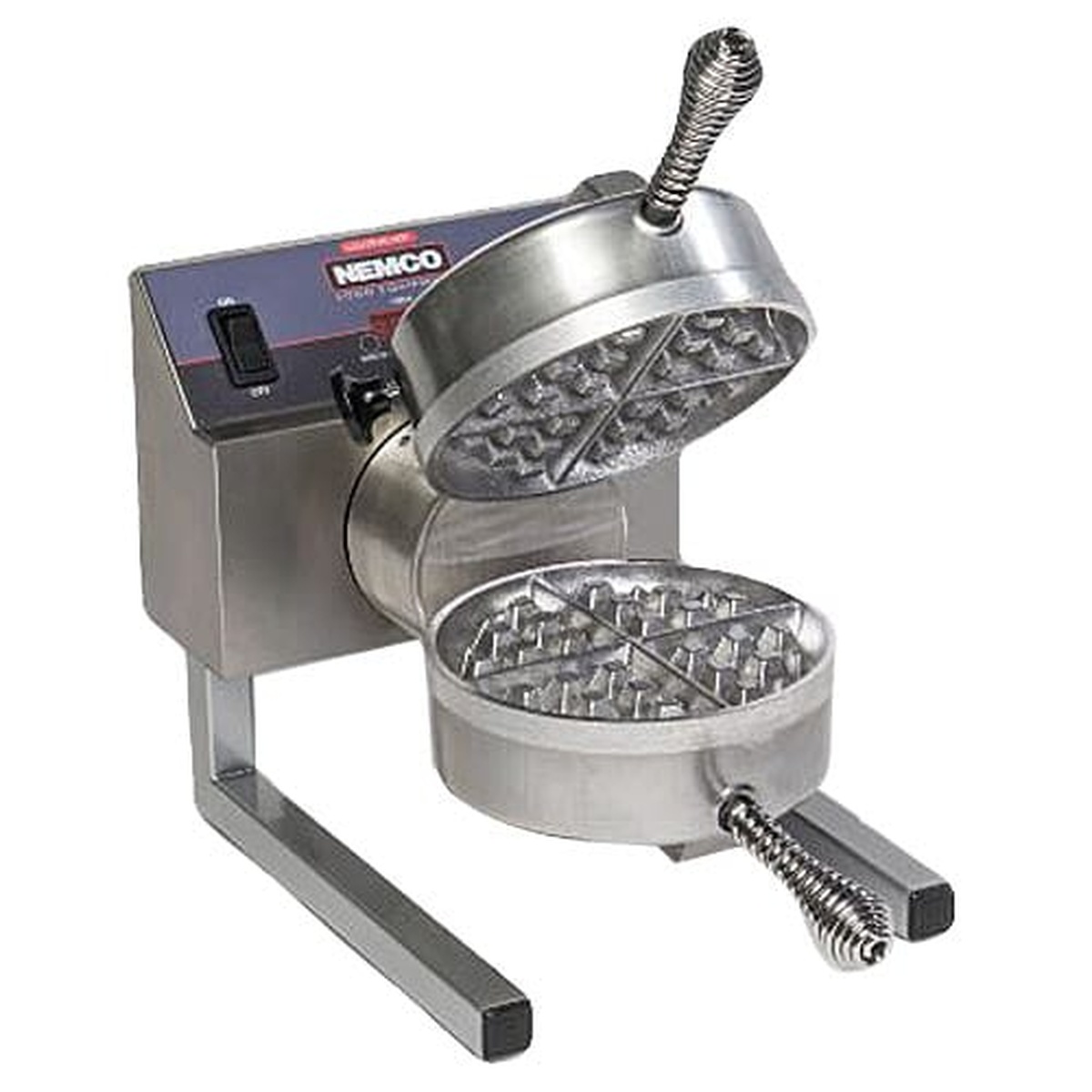 Nemco 7020A single Belgian waffle maker with rotating round grid and cool-touch spring handles