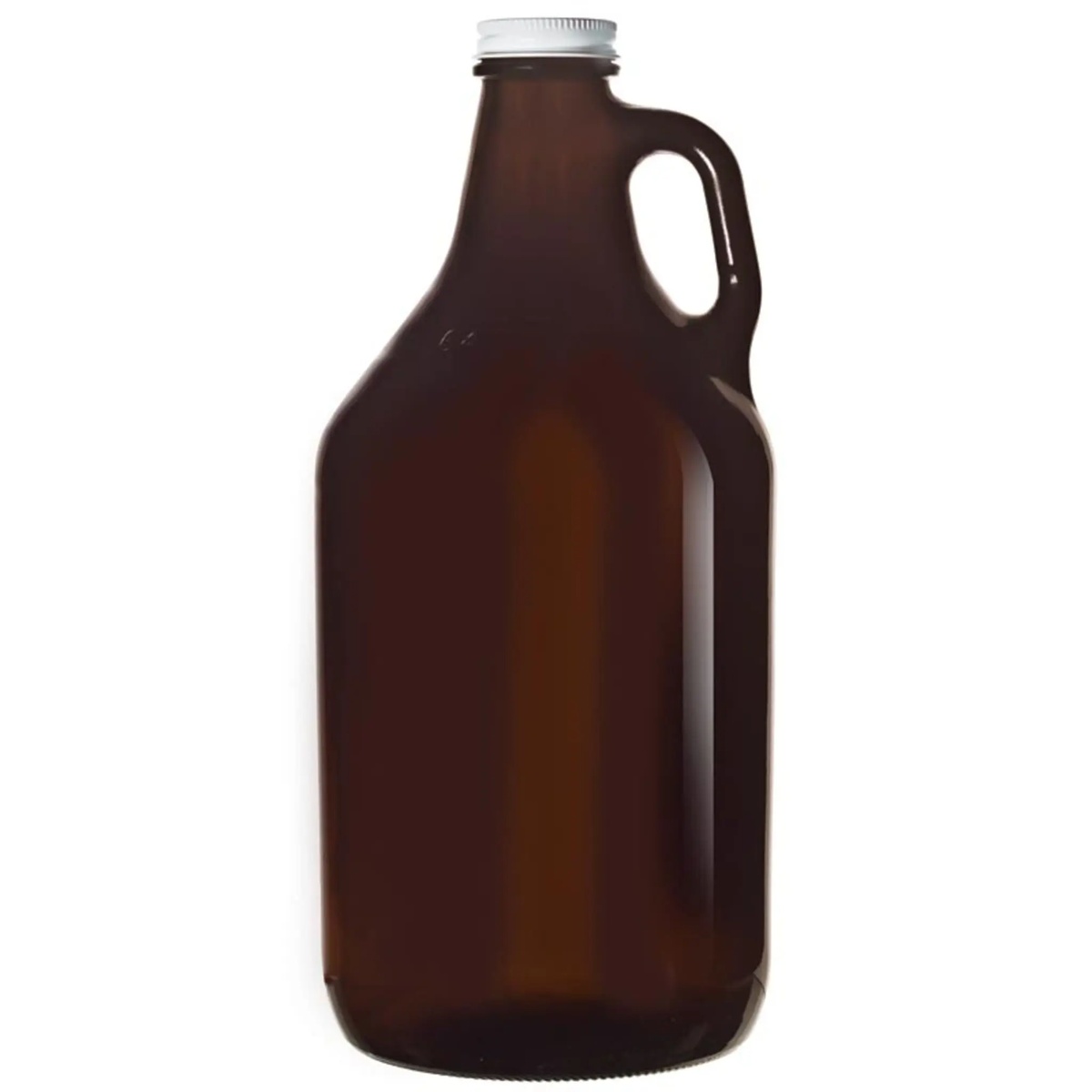 Libbey 64 oz amber glass growler with white metal screw-top lid and side handle, shown on white background