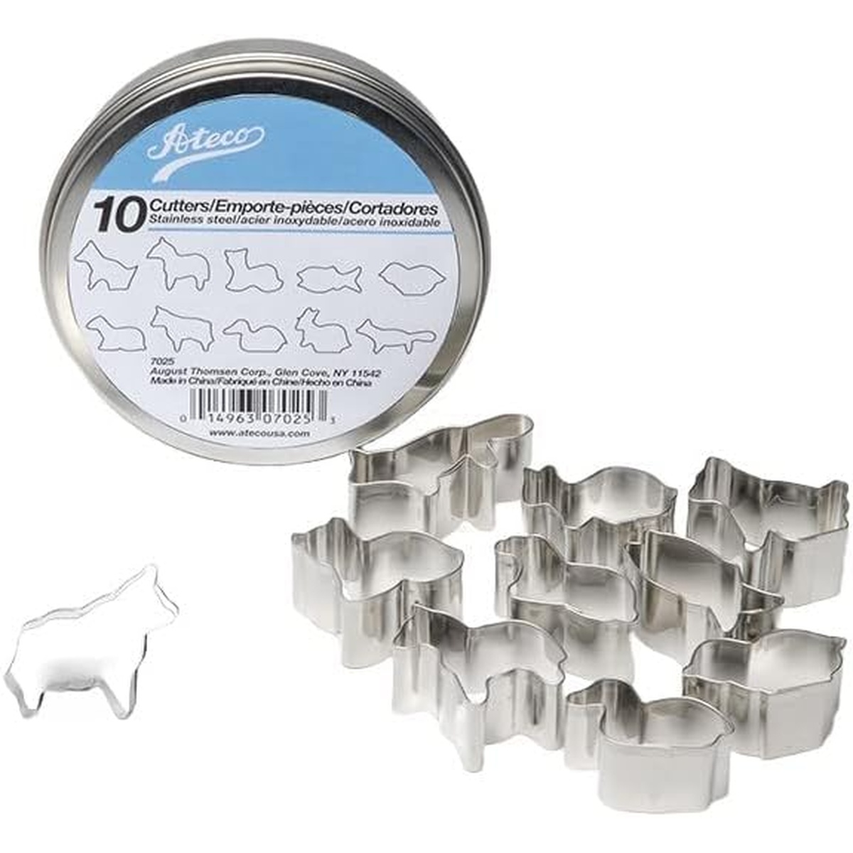 Ateco 7025 set of 10 stainless steel animal-shaped cookie cutters displayed beside their metal storage tin