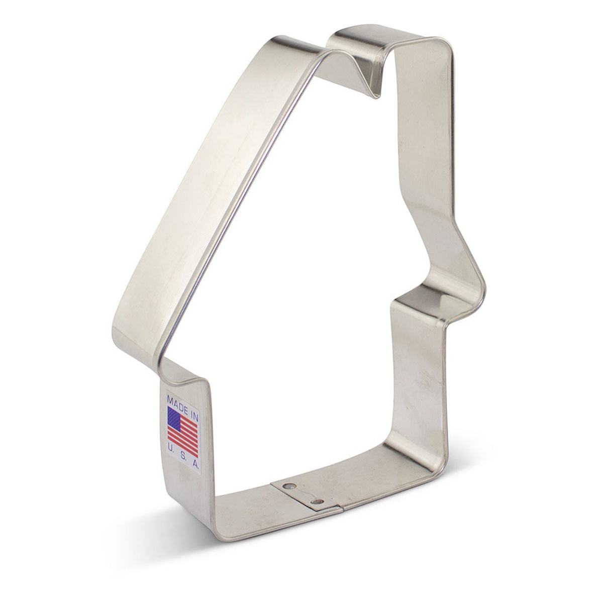 Close-up angled view of the stainless steel gingerbread house cookie cutter showing its brushed finish and Made in USA label