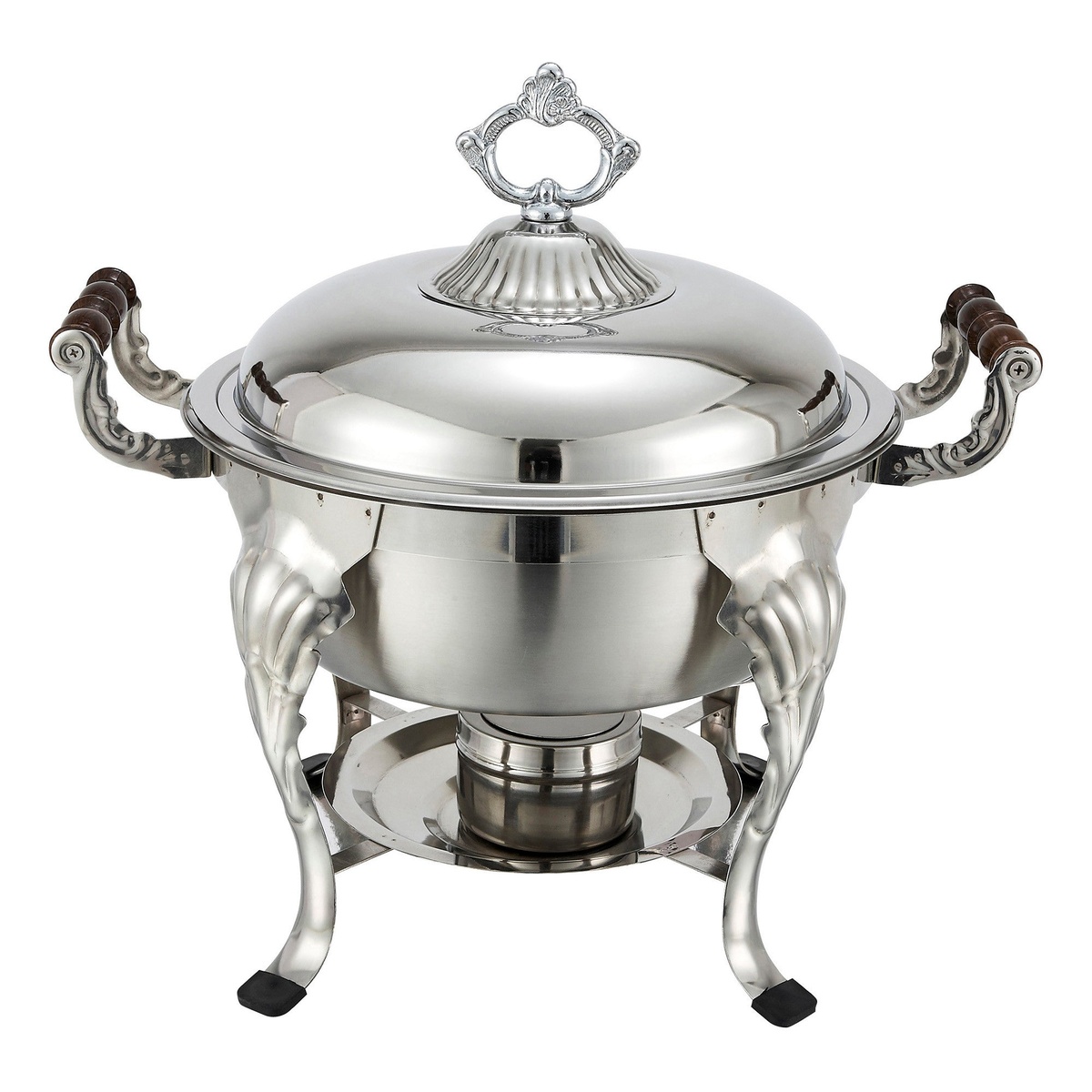 Winco 708 Crown Collection 6-quart round chafer with ornate stainless steel stand, dome lid, and wooden handles