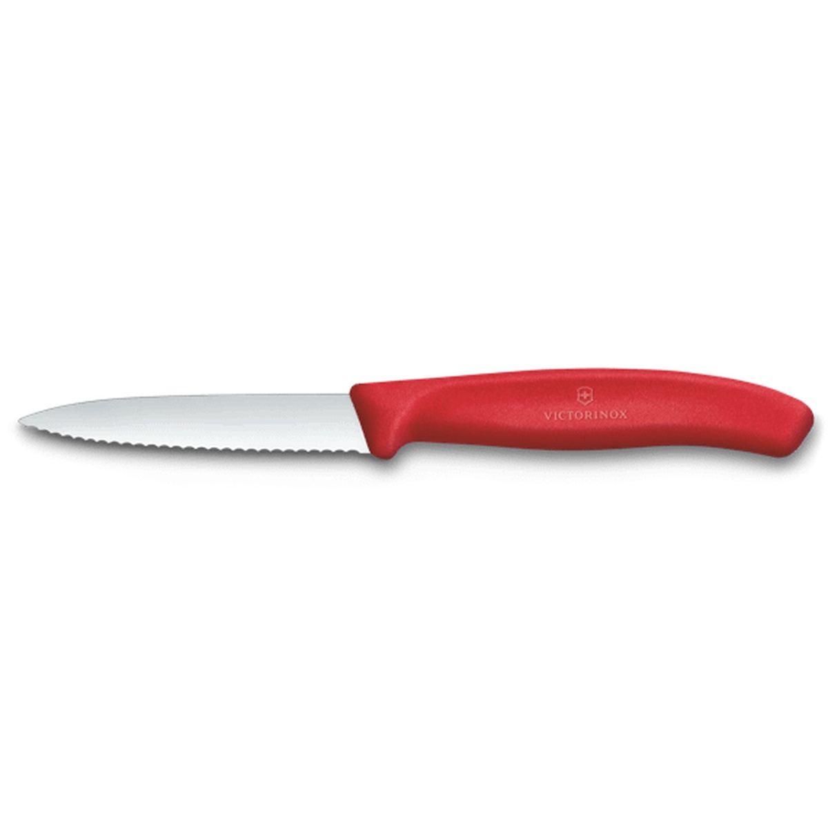 Victorinox paring knife with red handle and serrated blade on a white background