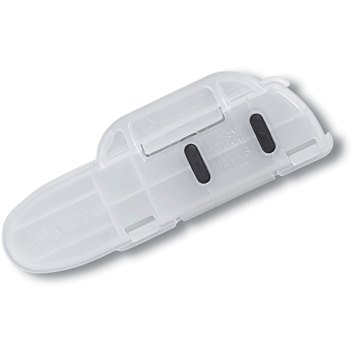 Victorinox BladeSafe translucent plastic knife guard, closed, showing locking clips and molded body