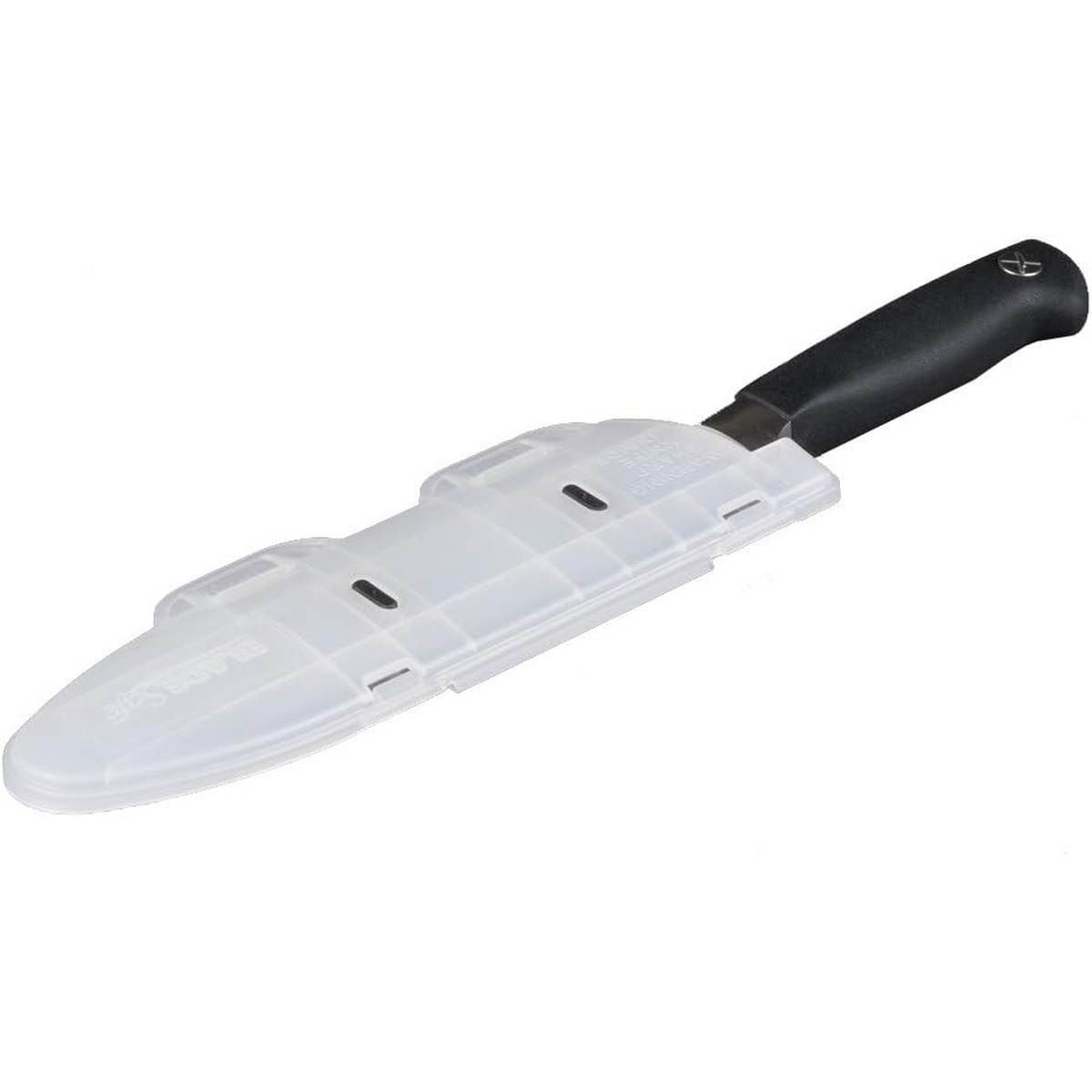 Victorinox BladeSafe clear polypropylene knife blade cover shown fitted over a knife blade
