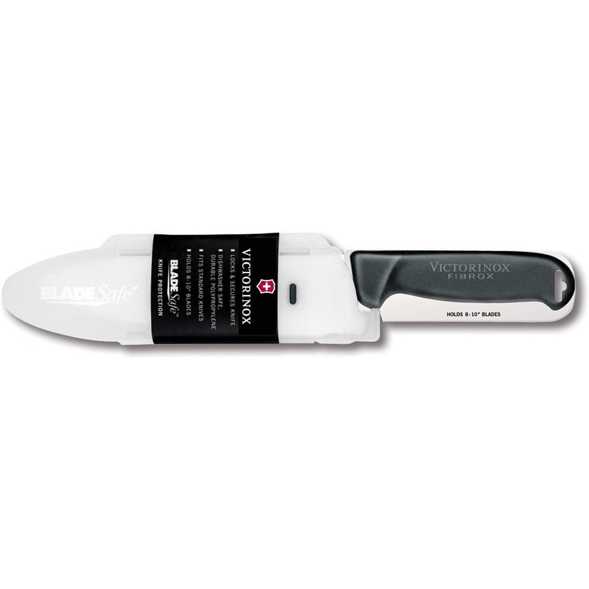 Victorinox BladeSafe knife guard shown securing a Victorinox Fibrox knife, white polypropylene sheath