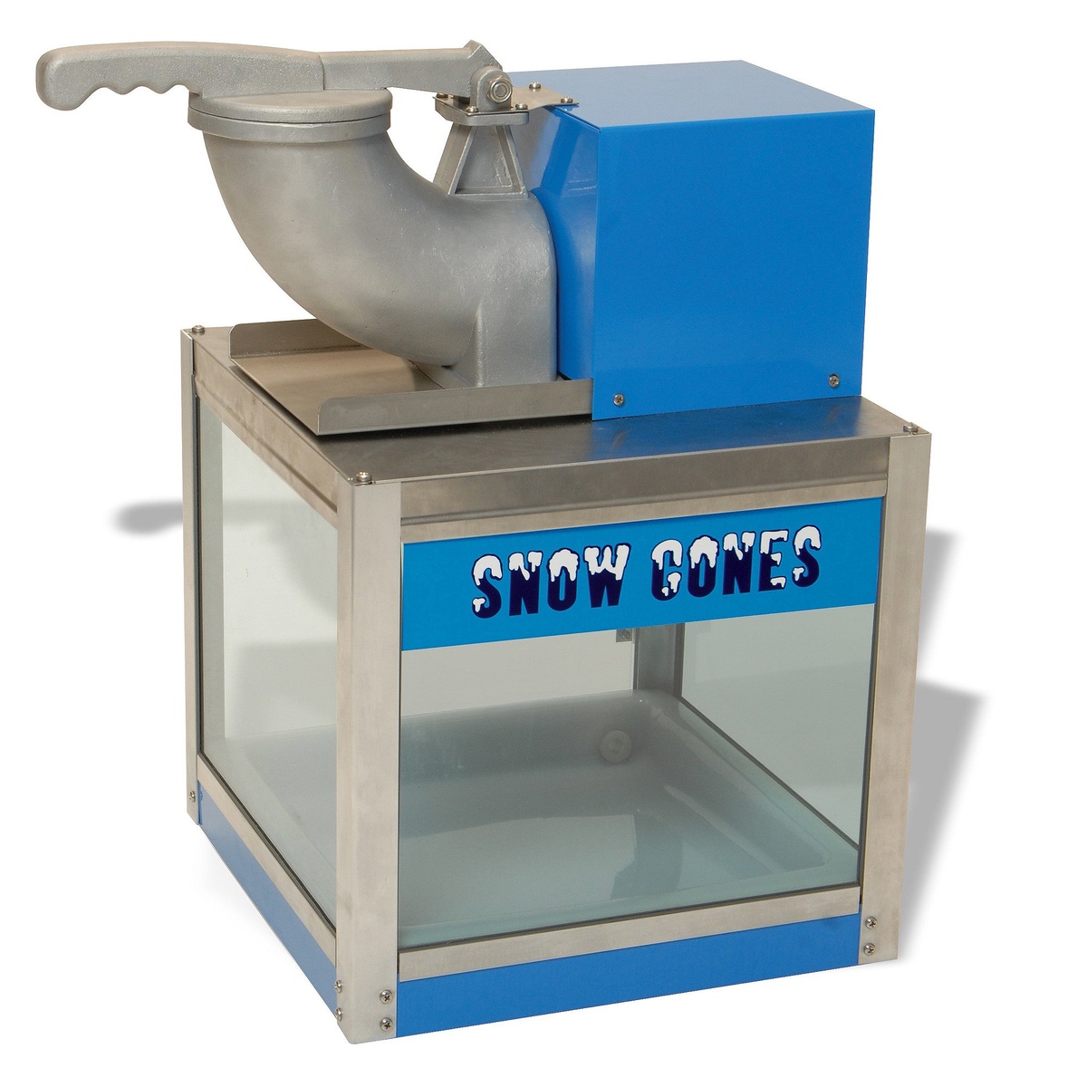 BenchmarkUSA Snow Bank snow cone machine with stainless steel cabinet and tinted tempered glass panels