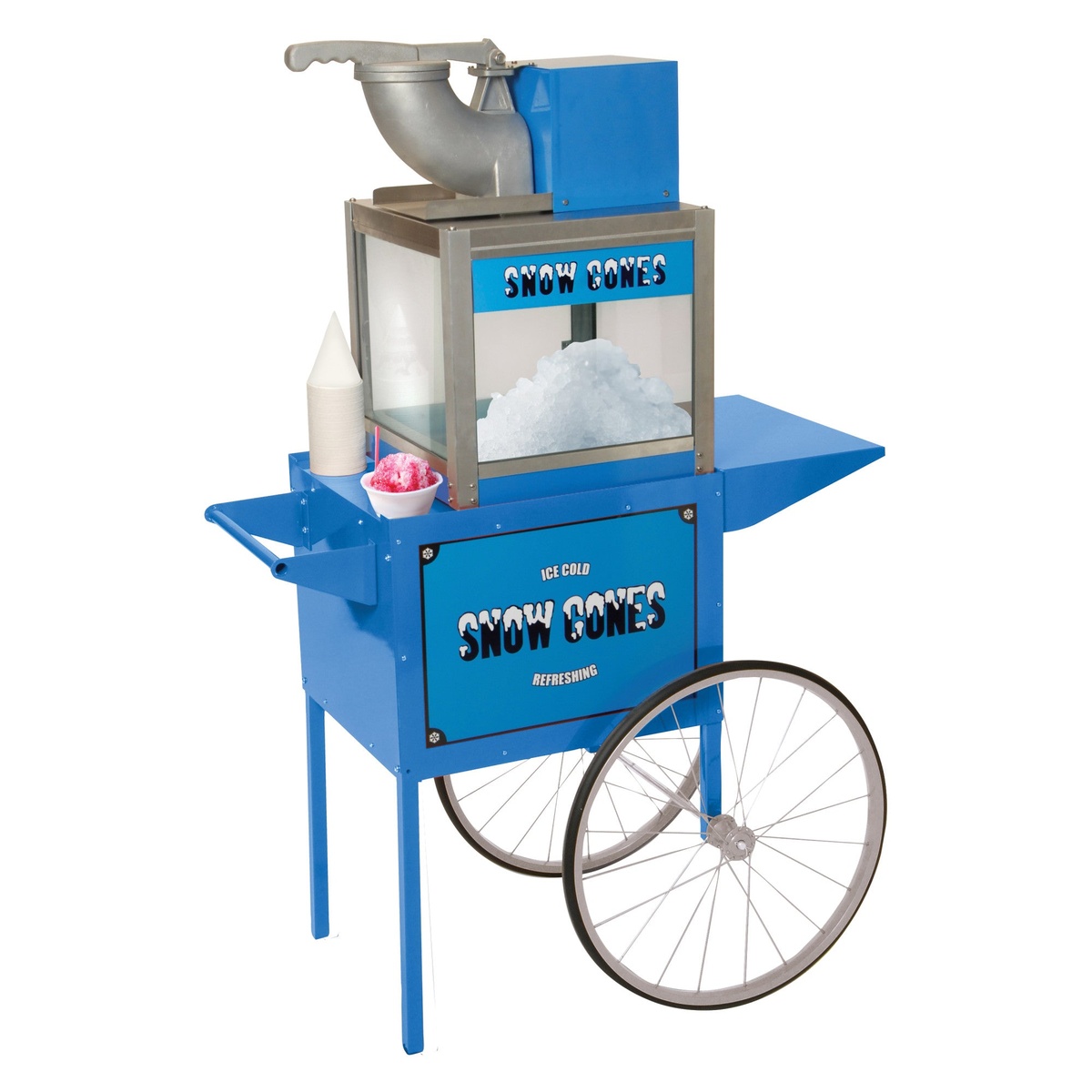 BenchmarkUSA Snow Bank snow cone machine shown on optional antique trolley cart displaying shaved ice