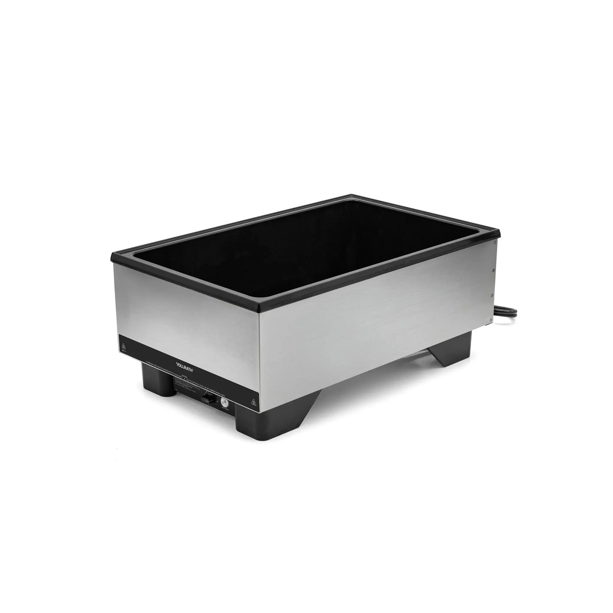 Vollrath 71001 Cayenne full-size countertop food warmer, angled front-left view showing black nonstick well and brushed stainless steel exterior