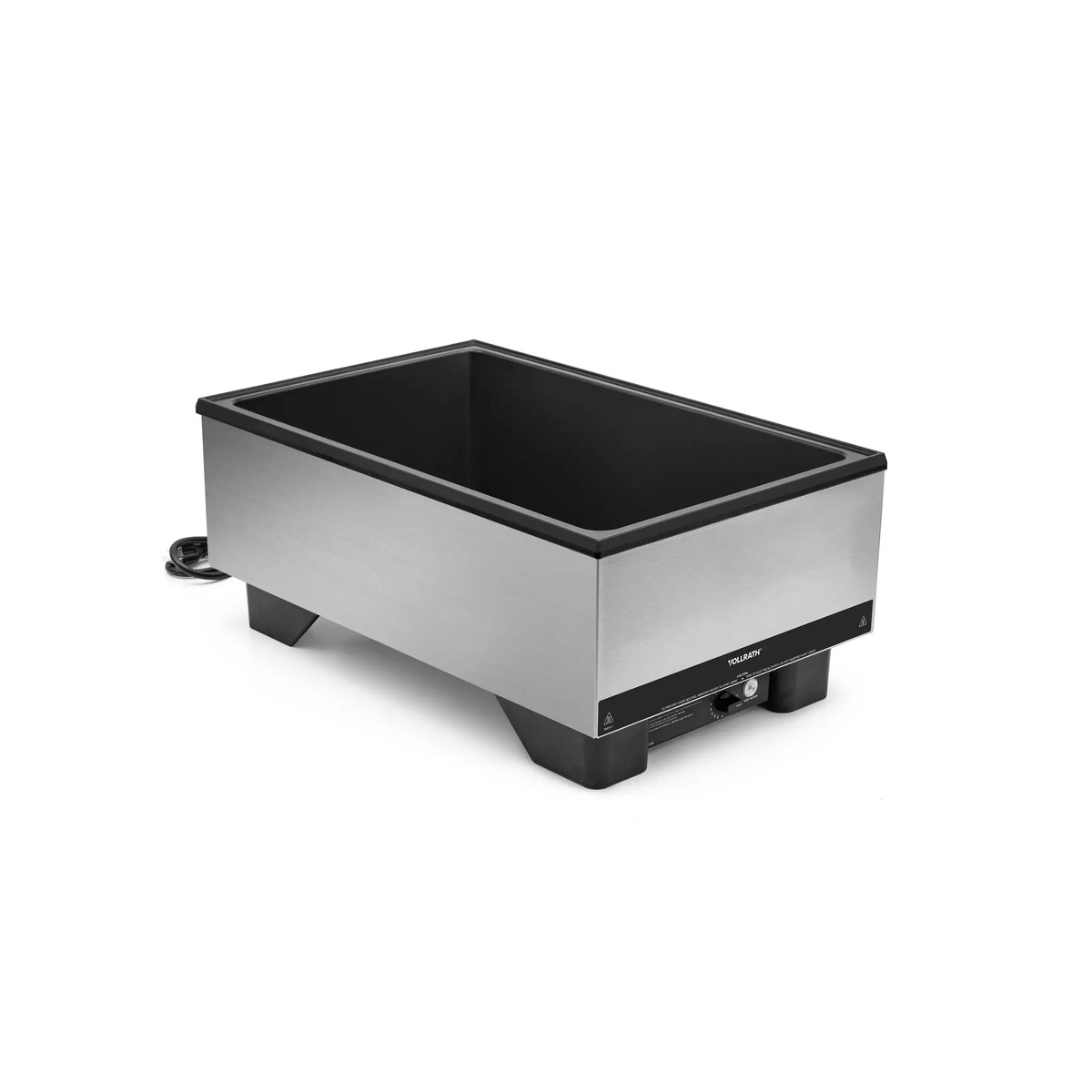 Vollrath 71001 Cayenne full-size countertop food warmer, angled front-right view showing power cord, control knob and non-skid black feet