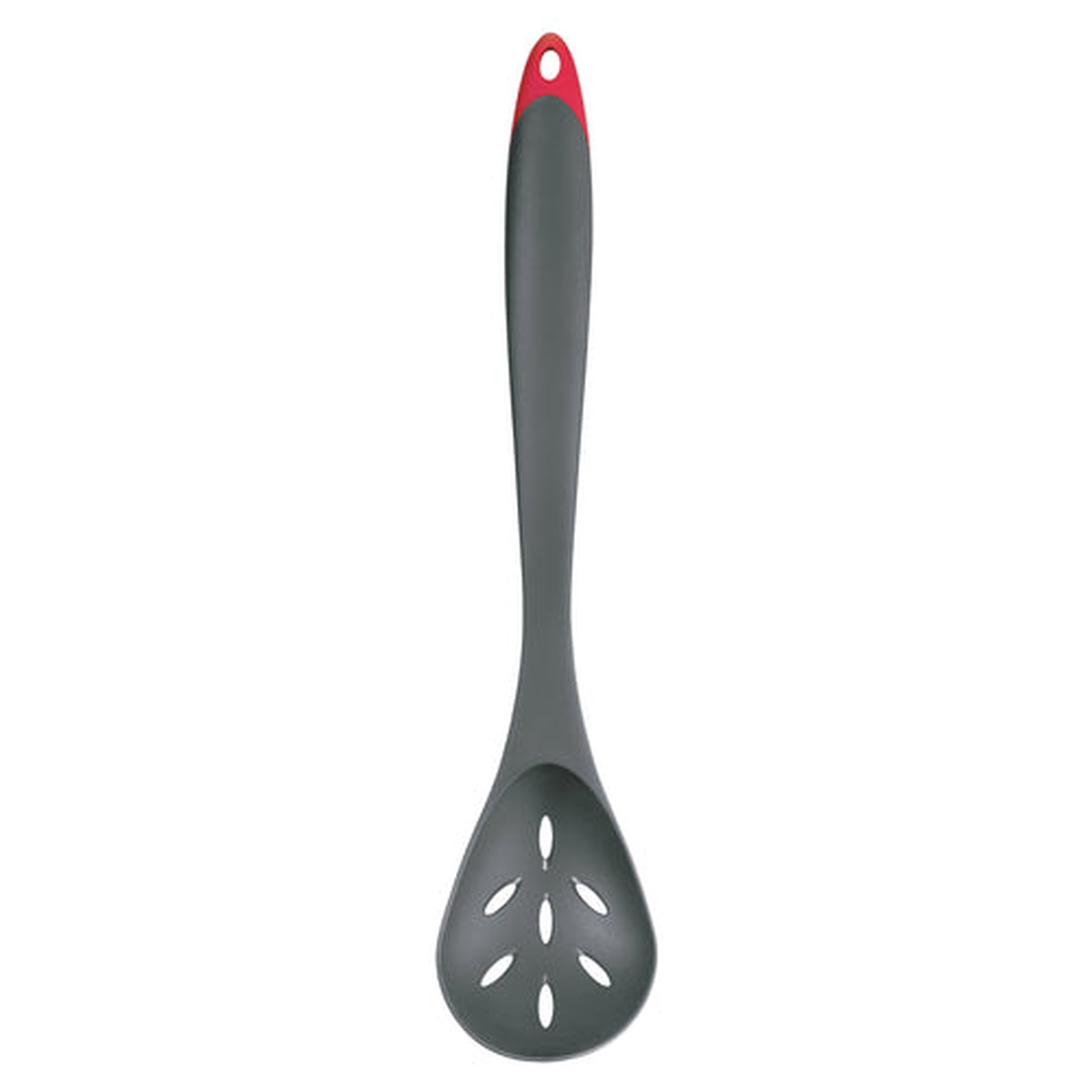 Browne Cuisipro 11-1/4 inch black fiberglass slotted serving spoon with red hanging loop