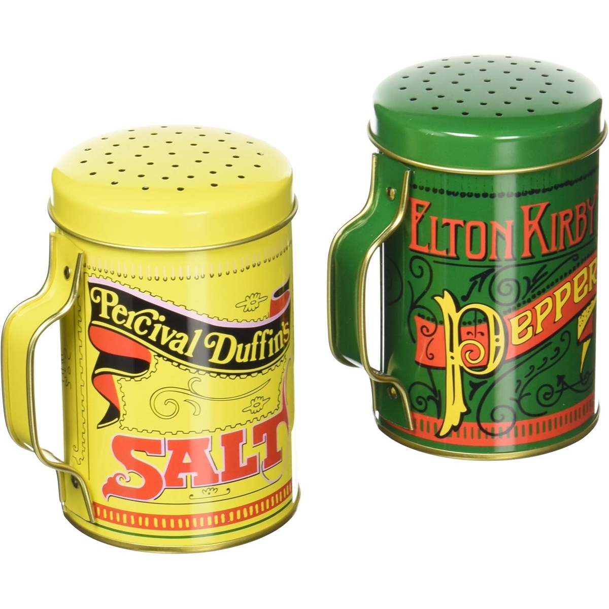 Norpro 713 multicolor tin salt and pepper shaker set, yellow salt shaker and green pepper shaker with decorative vintage labels and wire handles