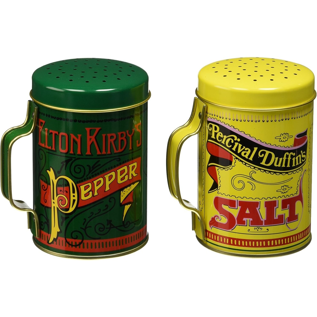Norpro tin salt and pepper shaker set showing the green pepper shaker and yellow salt shaker side by side with perforated lids and decorative painted labels