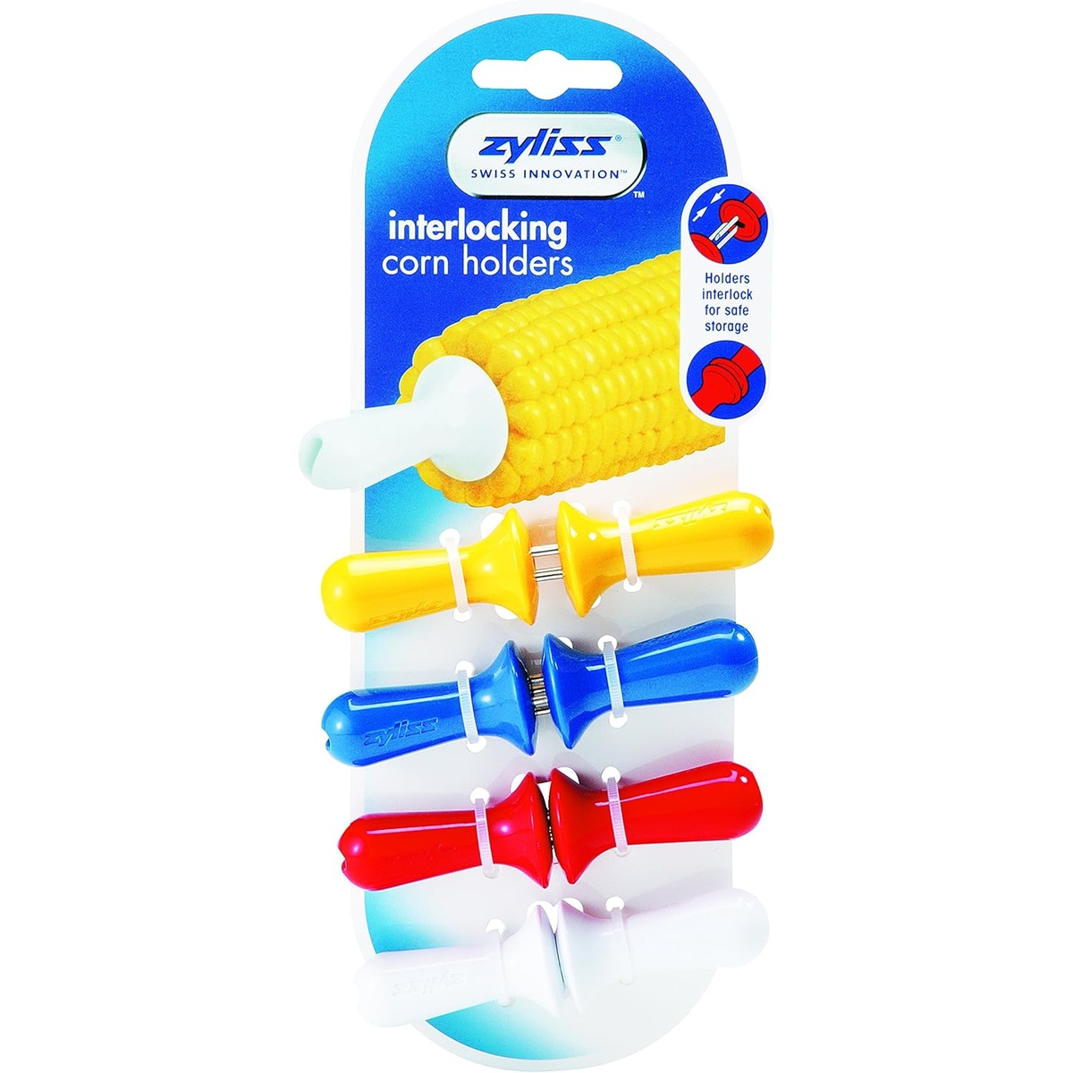 Zyliss interlocking corn holders retail packaging showing three interlocked pairs in yellow, blue, and red