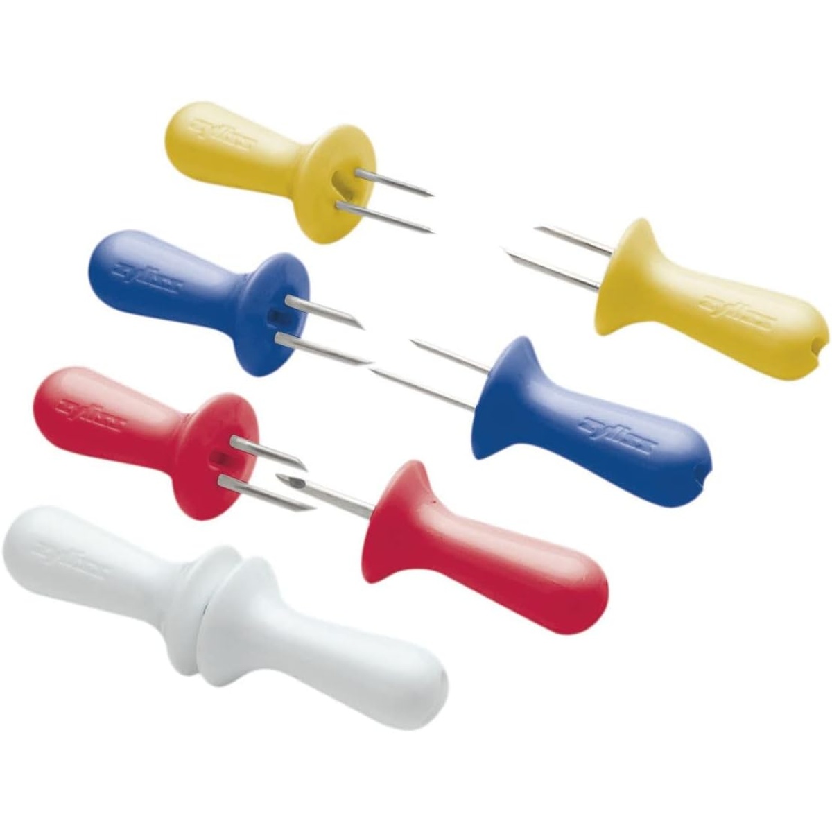 Zyliss corn holders in assorted yellow, blue, red, and white colors showing two-pronged stainless steel tips