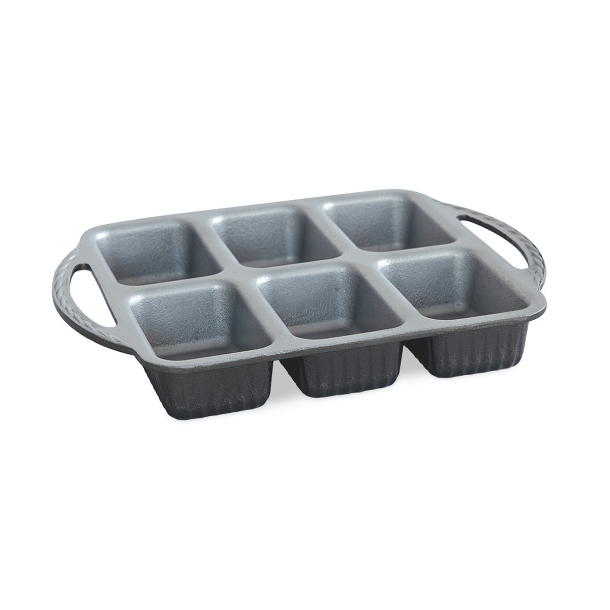 Nordic Ware ProCast Mini Loaf Pan with six compartments, silver nonstick interior, cast aluminum exterior, and dual side handles