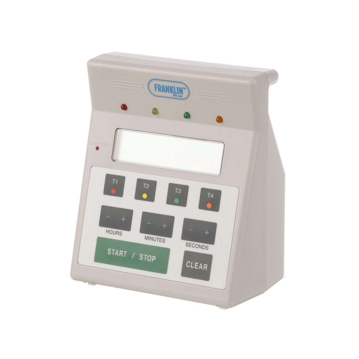 Franklin 4-in-1 digital kitchen timer front-left angle showing four color-coded channel buttons T1-T4 and large LCD display