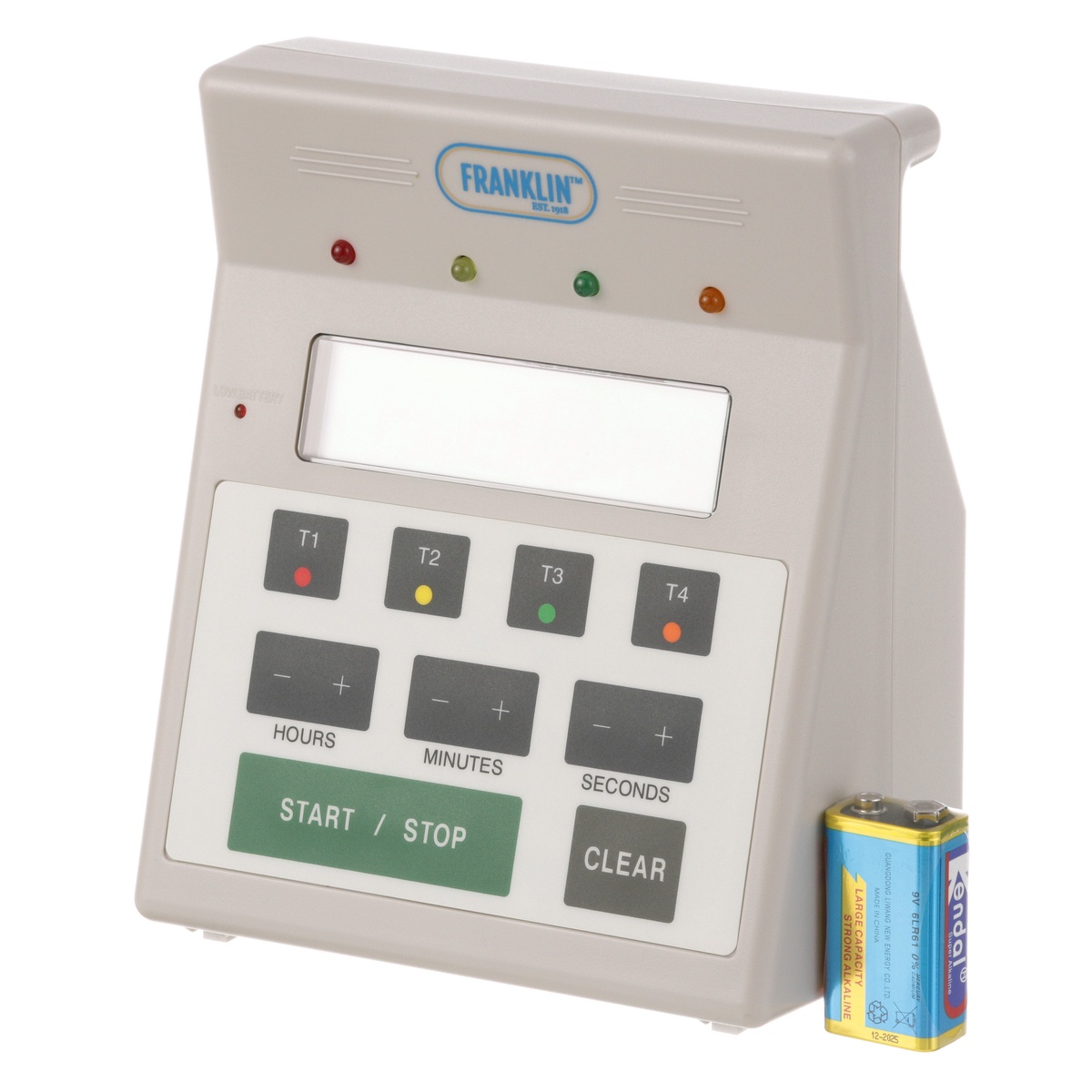 Franklin 4-in-1 digital kitchen timer front view with included 9-volt alkaline battery shown alongside the unit