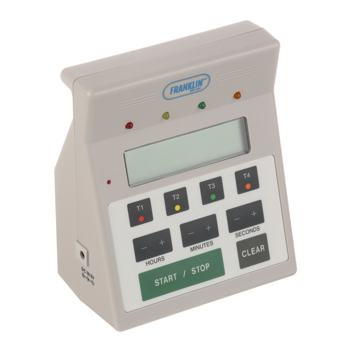 Franklin 4-in-1 digital kitchen timer side angle showing DC IN 9V power jack on the left panel
