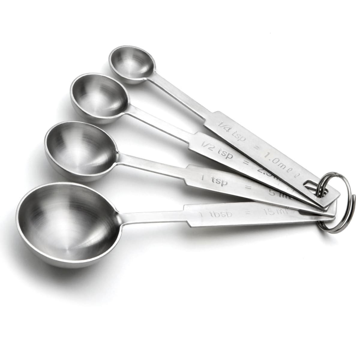 Tablecraft 722 four-piece stainless steel measuring spoon set fanned out showing all sizes with stamped labels and ring hook