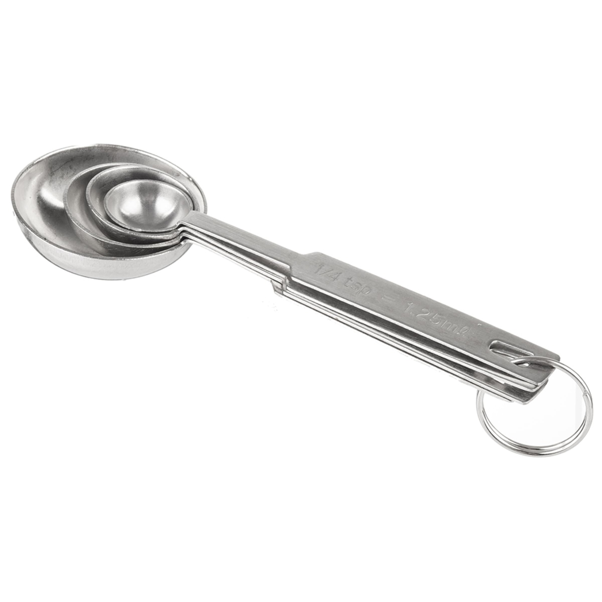 Side view of Tablecraft 722 measuring spoons nested together with ring hook visible at handle end