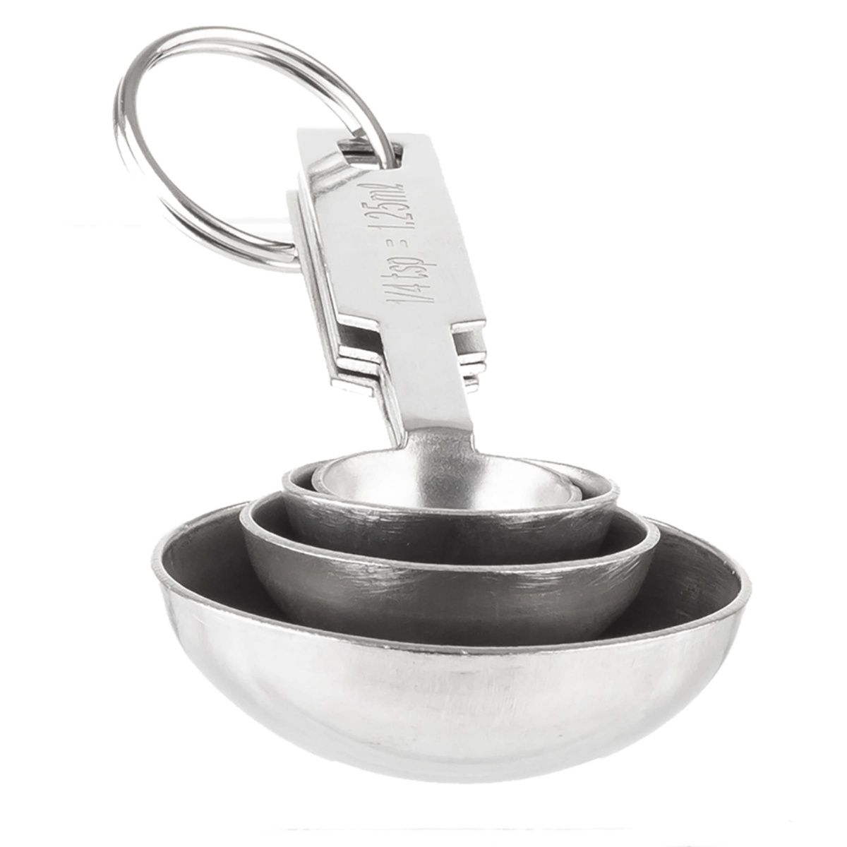 Close-up of Tablecraft 722 measuring spoons nested together showing compact stacked bowl design and ring hook at top