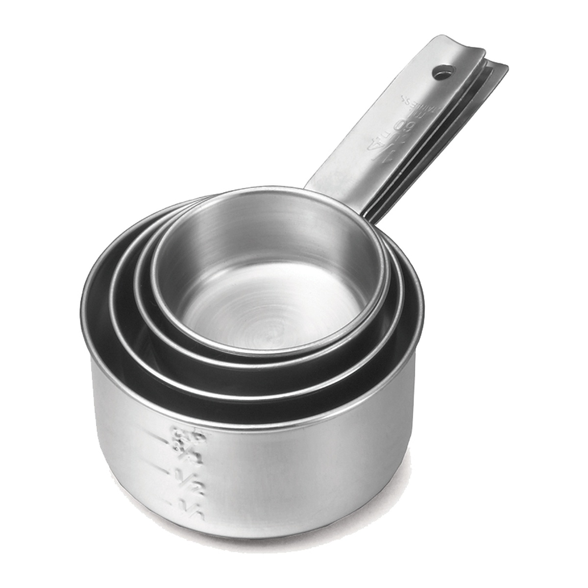 TableCraft 724 4-piece stainless steel measuring cup set nested together showing 1/4, 1/3, 1/2, and 1 cup sizes with engraved handles