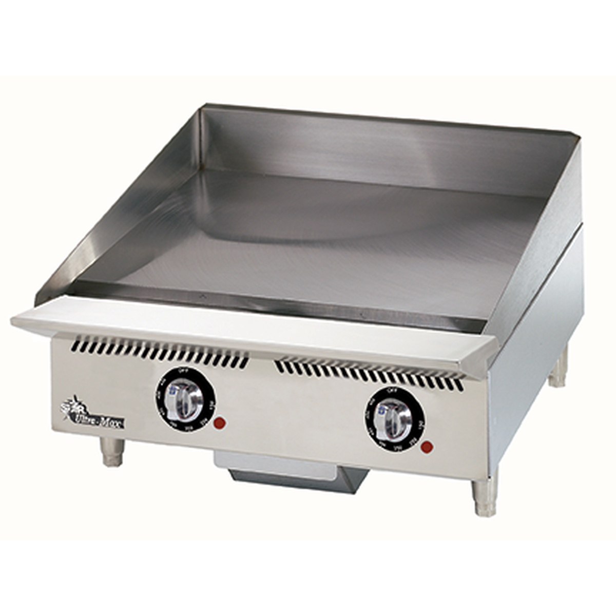 Close view of Star 724TA electric griddle plate with splash guard and grease drawer