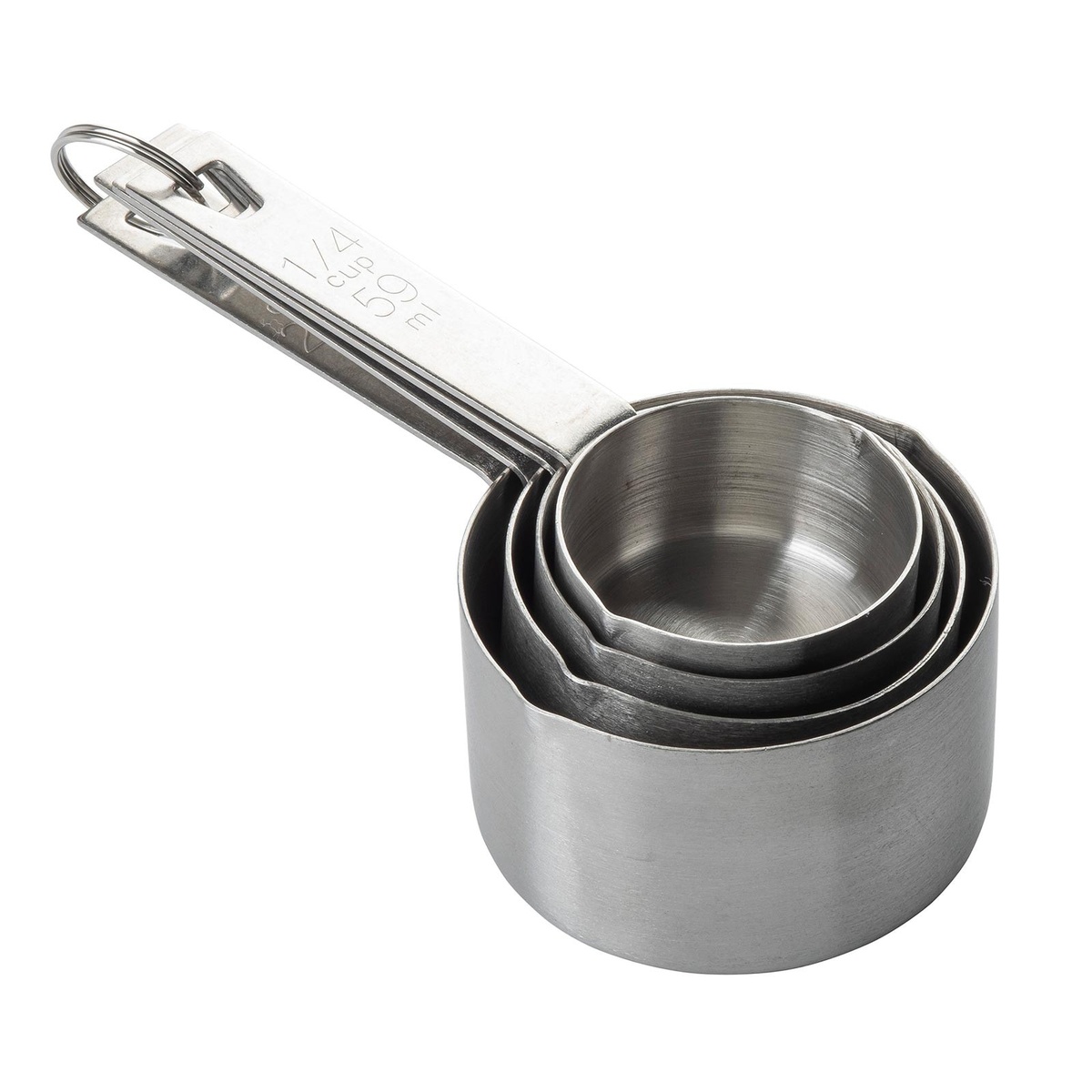 Four nested stainless steel measuring cups with engraved measurement markings on long handles, connected by a ring