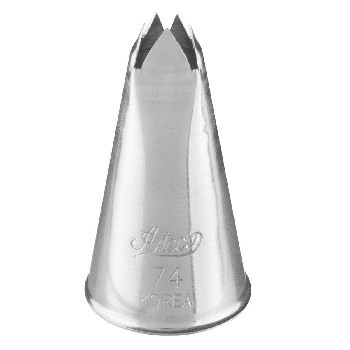 Ateco #74 stainless steel leaf piping tip showing V-shaped opening, stamped with brand name and number