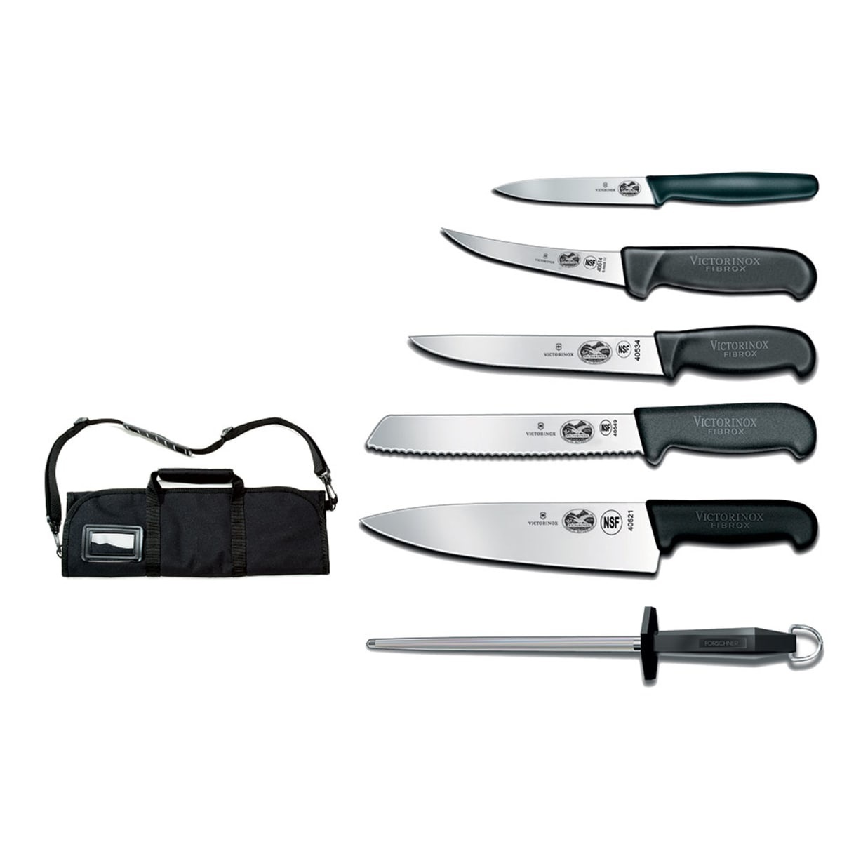 Victorinox 7-piece Fibrox Pro knife set laid out next to black canvas roll case