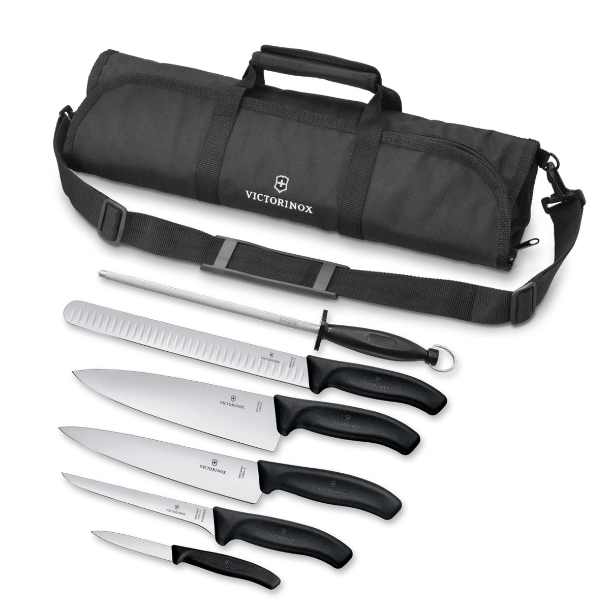 Victorinox 7-piece knife set including paring, boning, chef, bread, and slicing knives with a honing steel and black roll bag