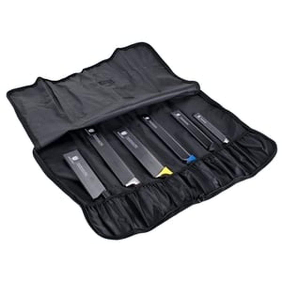 Knife roll opened showing multiple knives stored in individual pockets