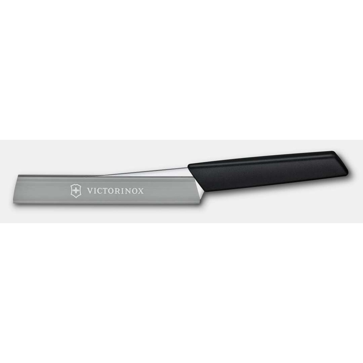 Victorinox blade guard shown fitted over a knife blade with a black handle