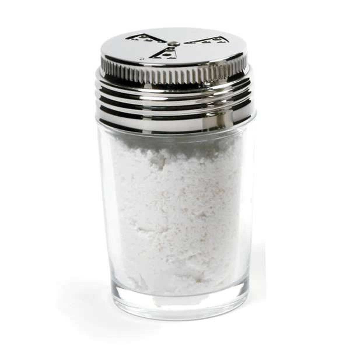 Norpro 744 adjustable glass shaker filled with white powdered sugar, stainless steel lid on top