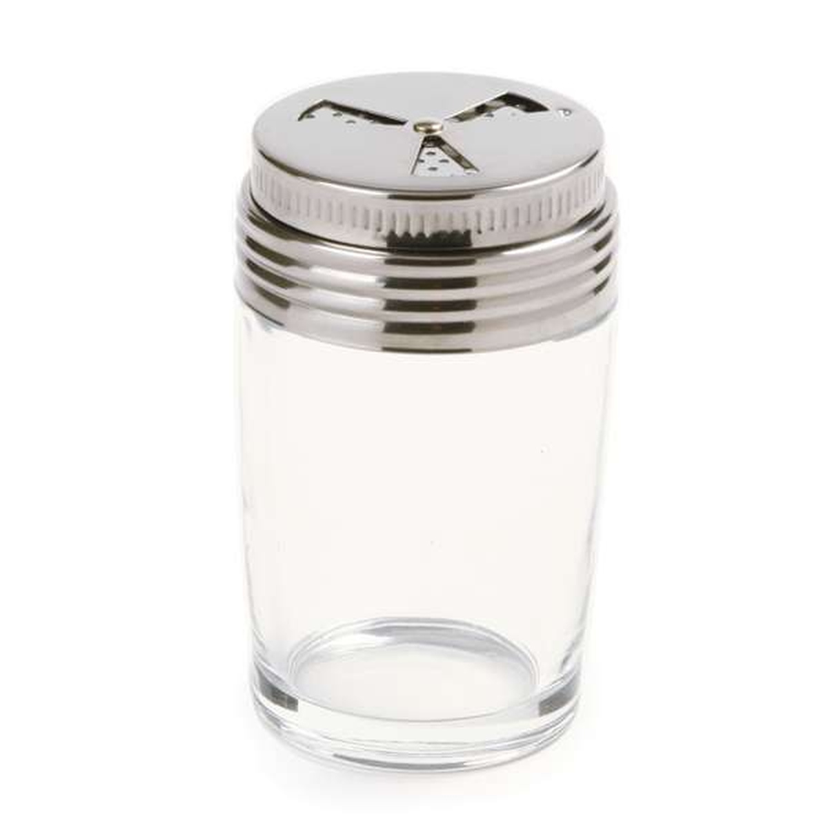 Empty Norpro 744 adjustable glass shaker showing clear glass body and stainless steel lid