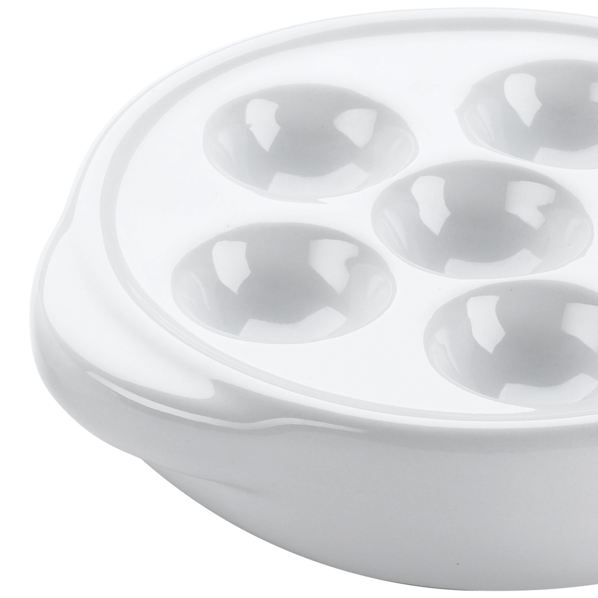 Close-up detail of the six rounded indentation wells on the Browne 744041 white stoneware escargot plate