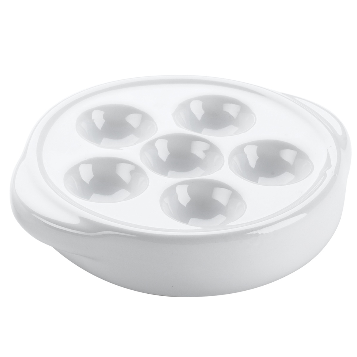 Browne 744041 white stoneware escargot plate with six rounded wells, angled view
