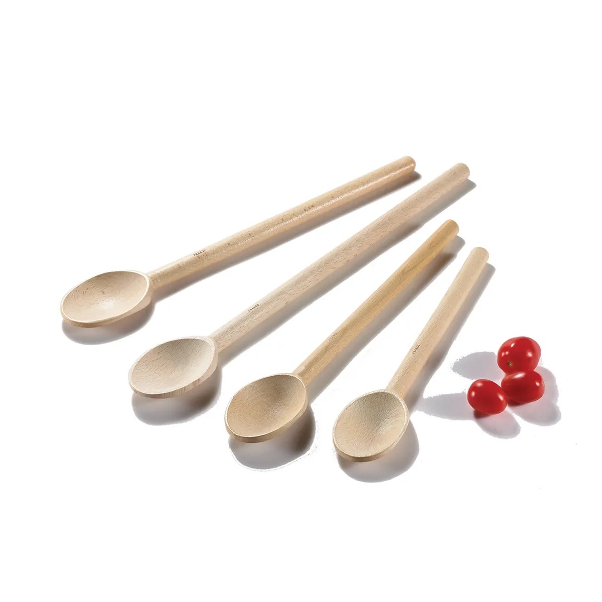 Multiple Browne USA alpine beechwood wood spoons in varying sizes displayed together on a white background