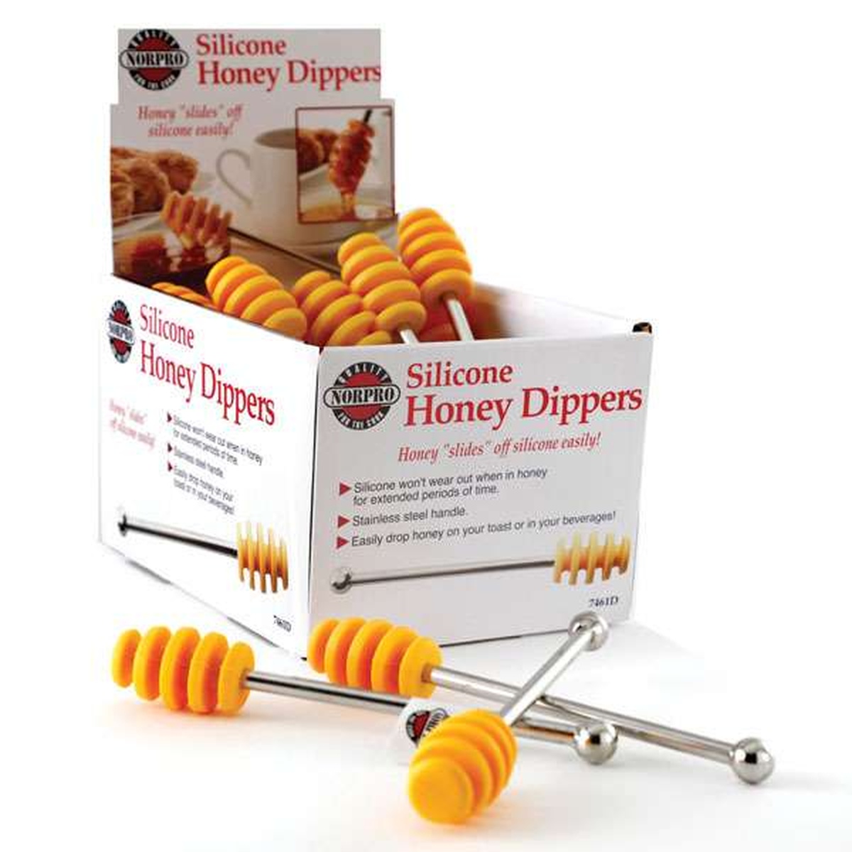 Norpro Silicone Honey Dippers retail display box showing multiple individual dippers arranged in packaging