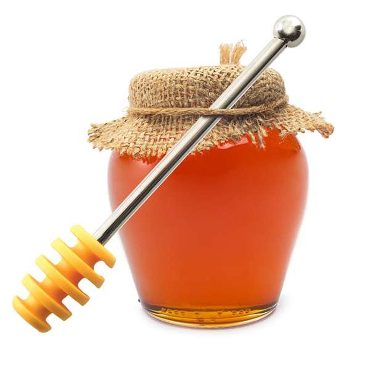 Norpro Silicone Honey Dipper resting across a glass honey jar with burlap lid on white background
