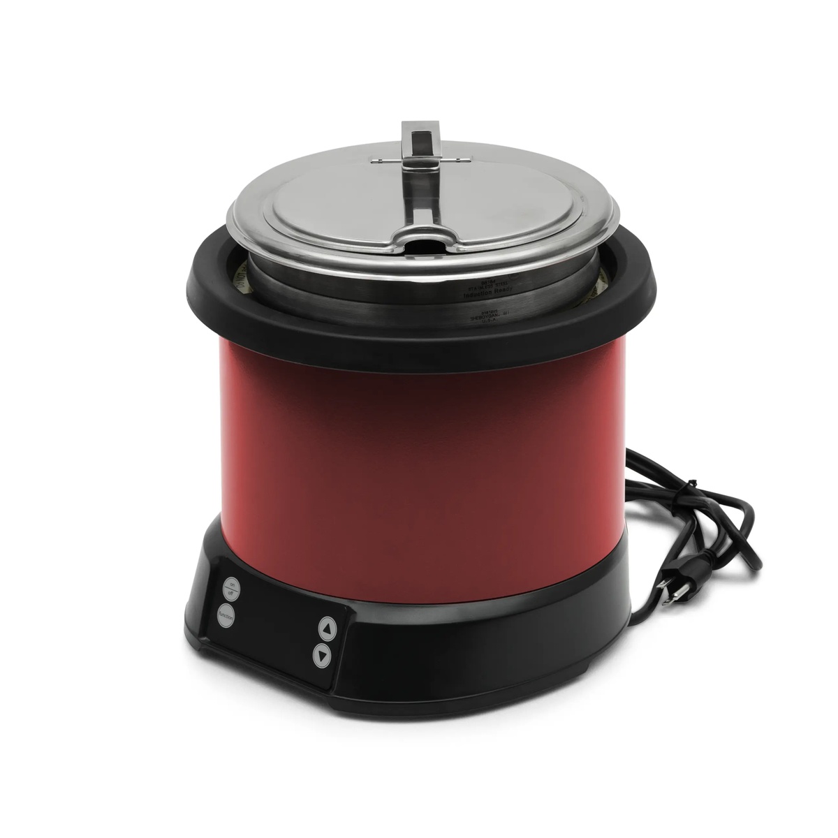 Vollrath Mirage 7-quart red induction rethermalizer with stainless steel hinged cover and black digital control base