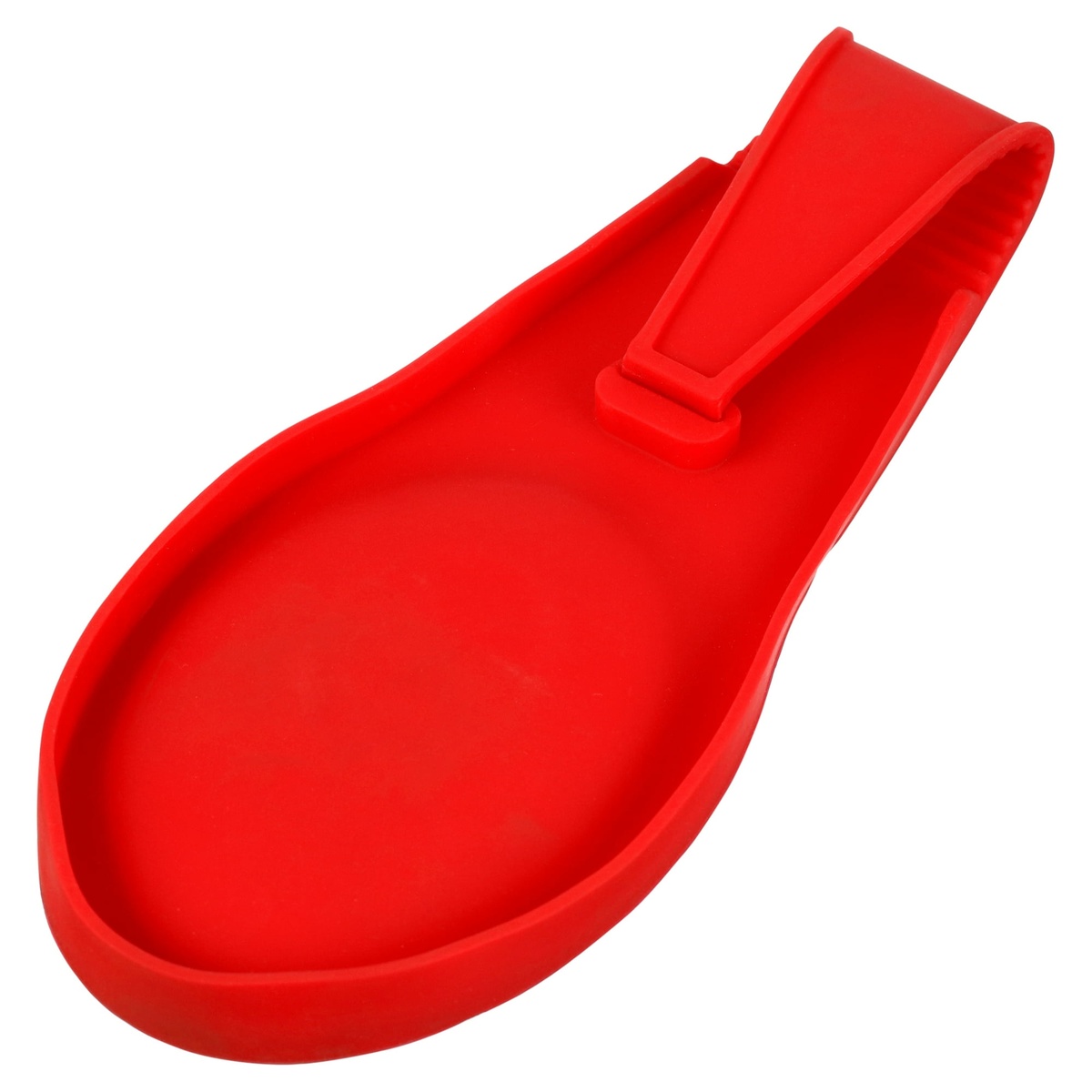 Close-up interior view of Norpro red silicone spoon rest showing concave bowl and handle slot