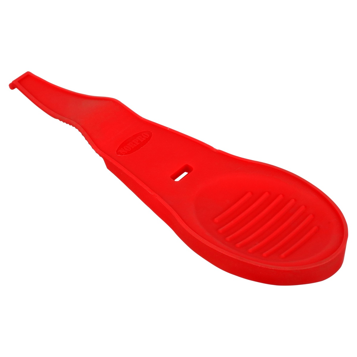 Norpro red silicone spoon rest angled view on white background