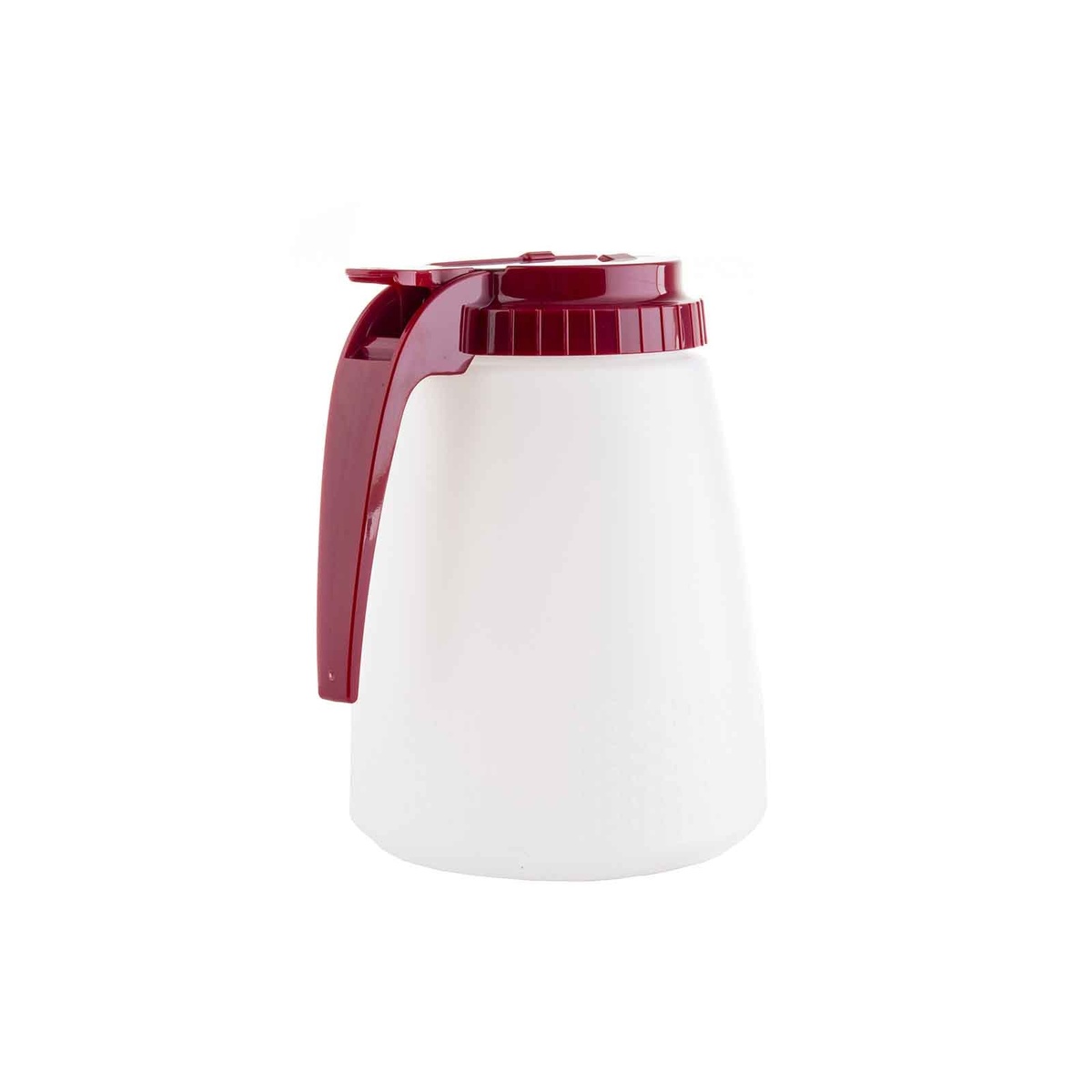 TableCraft 748R all-purpose dispenser with red ABS top and handle, rear handle angle view