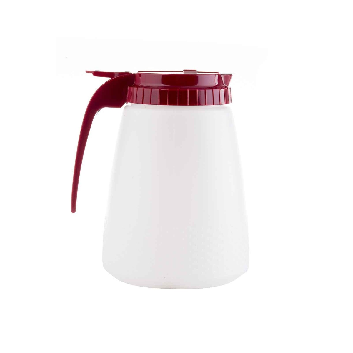 TableCraft 748R dispenser showing large red handle and wide-base white HDPE jar, side profile view