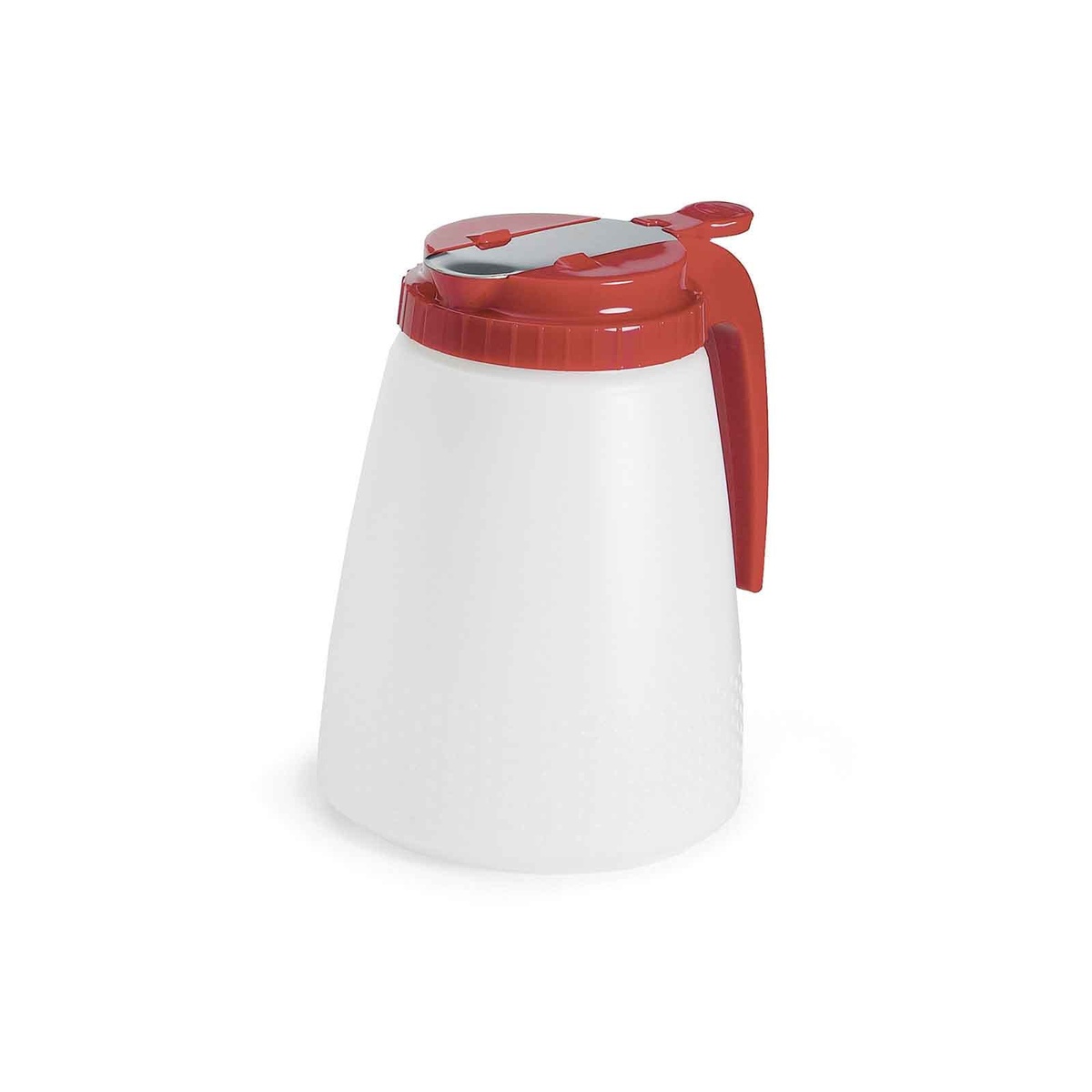 TableCraft 748R 48 oz all-purpose dispenser with red ABS lid and thumb tab pour spout, angled top view