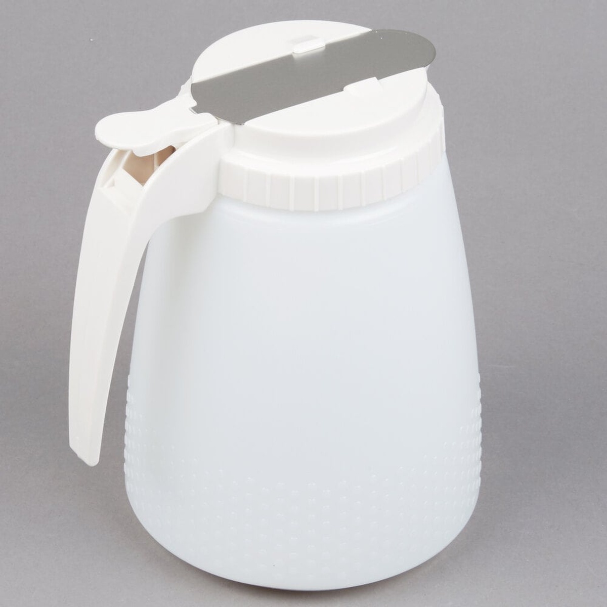 TableCraft 748W white polyethylene all-purpose dispenser with white ABS screw-top lid and thumb-tab pour spout