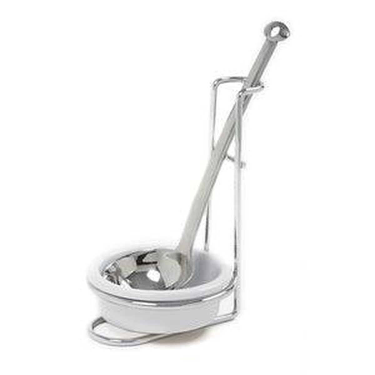 Norpro Spoon Rest with chrome rack and white ceramic bowl holding a ladle