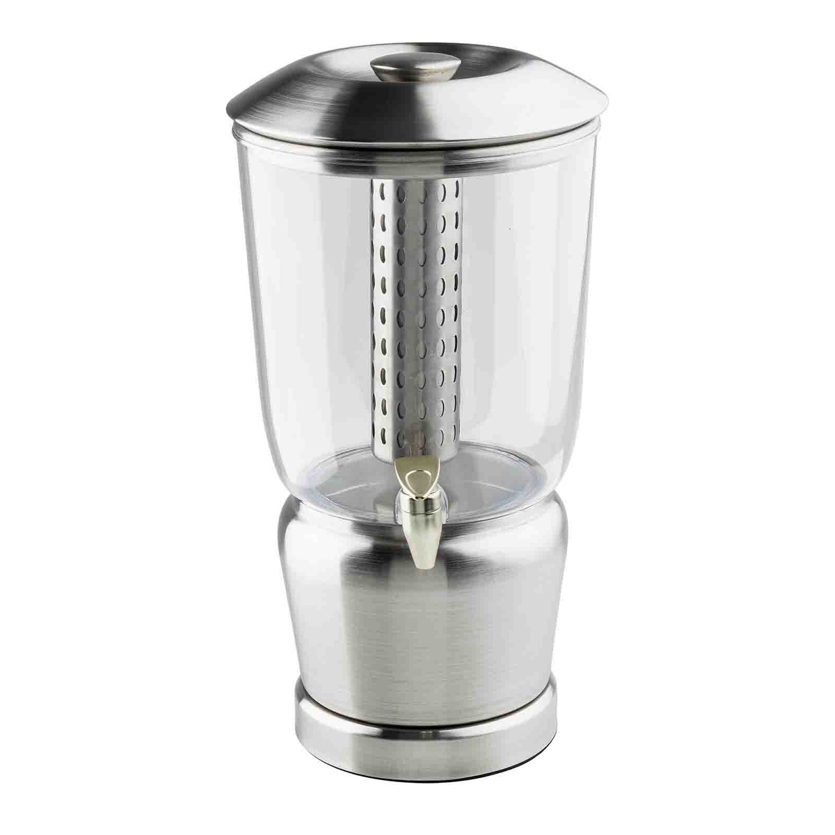TableCraft 75 beverage dispenser front view showing stainless steel lid, perforated infuser tube, lever faucet, and double-wall base