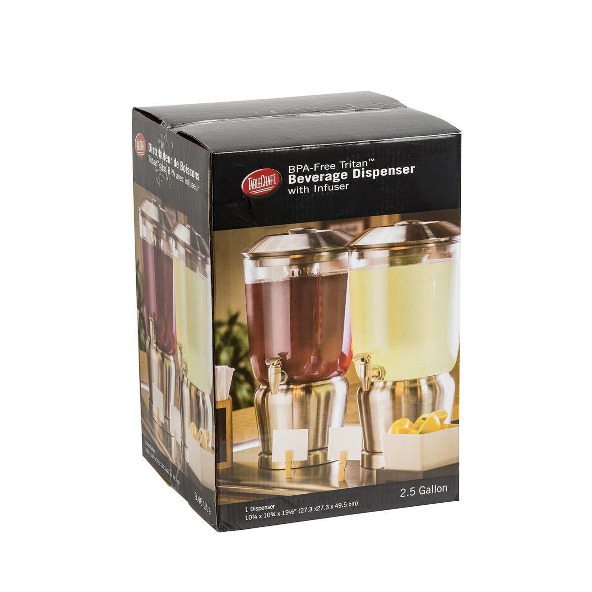 TableCraft 75 beverage dispenser retail packaging box showing 2.5 gallon capacity and product dimensions